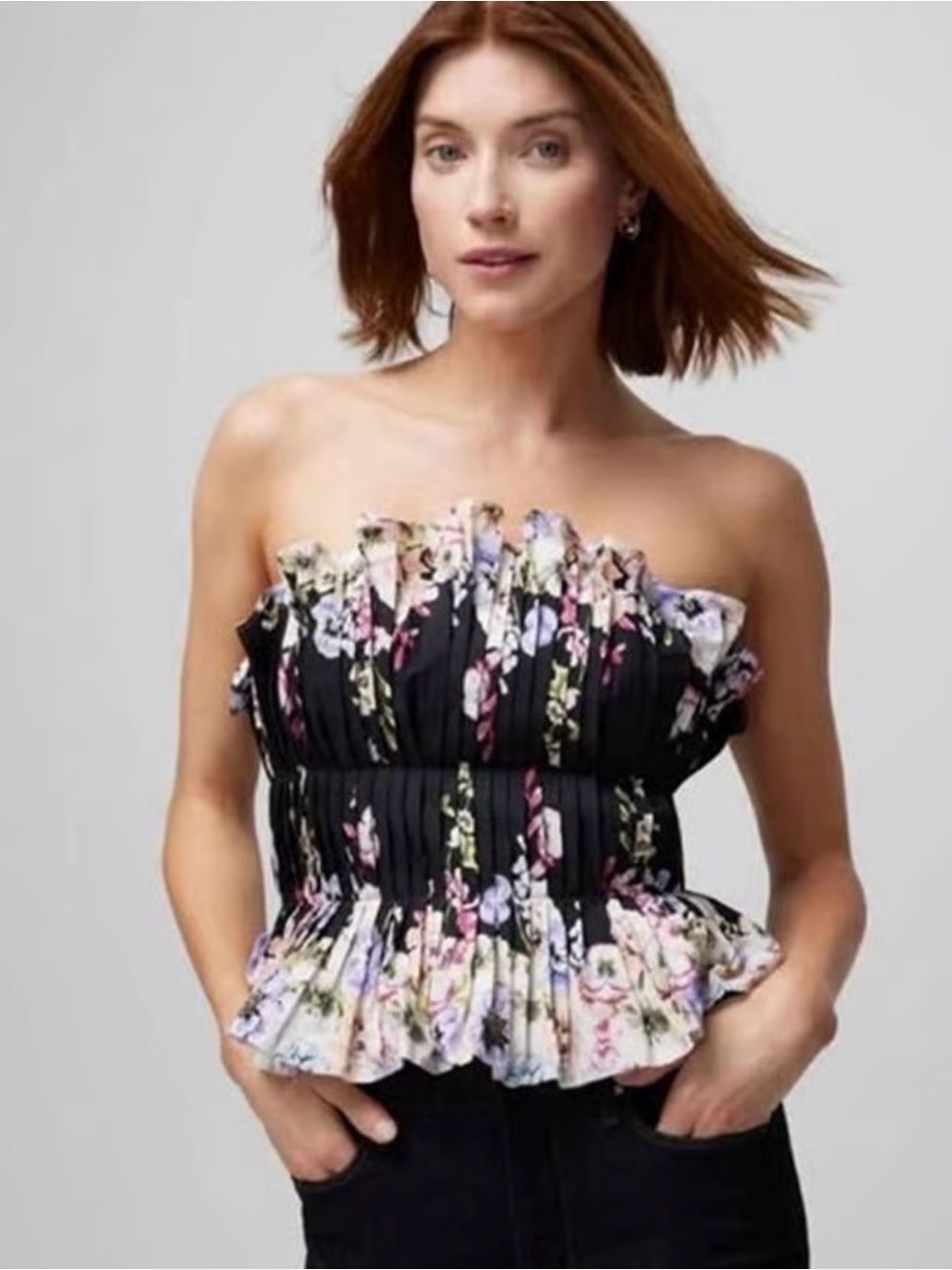 White House Black Market Black Floral Ruffle Strapless Camisole